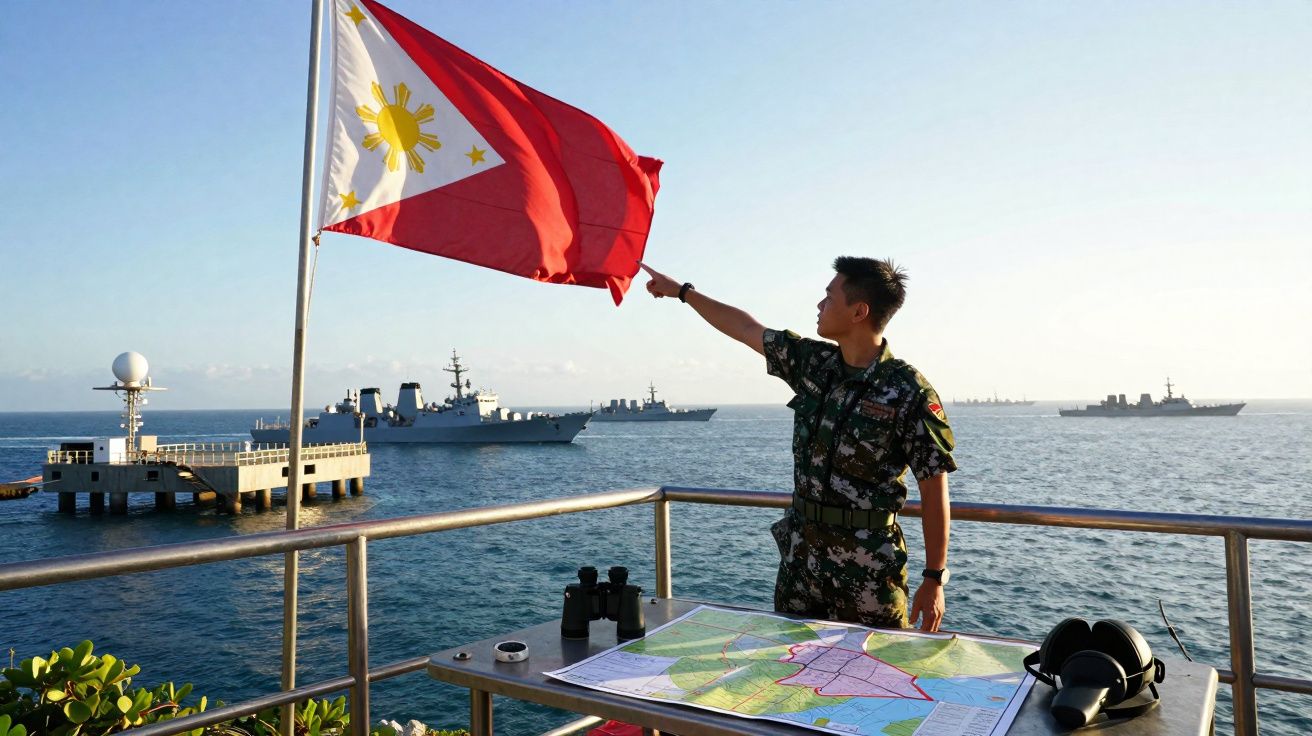 Soldado na marinha segura a bandeira das Filipinas no convés com navios militares ao fundo no mar.