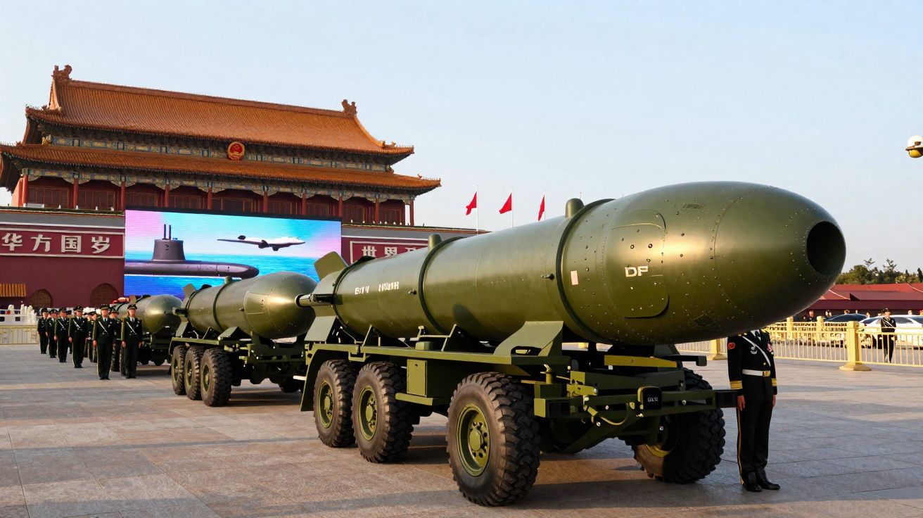 Mísseis militares transportados em viaturas em desfile na Praça Tiananmen, Pequim, com soldados em patrulha.