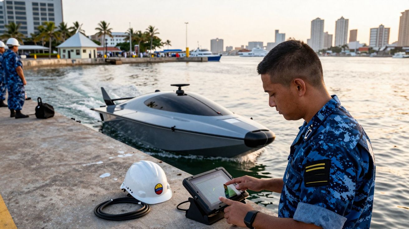 Homem em uniforme camuflado azul opera controlo remoto de drone aquático num cais junto a cidade ao entardecer.