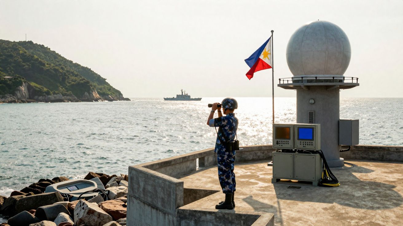 Militar observa o mar com binóculos numa base costeira com radar e bandeira das Filipinas ao fundo.