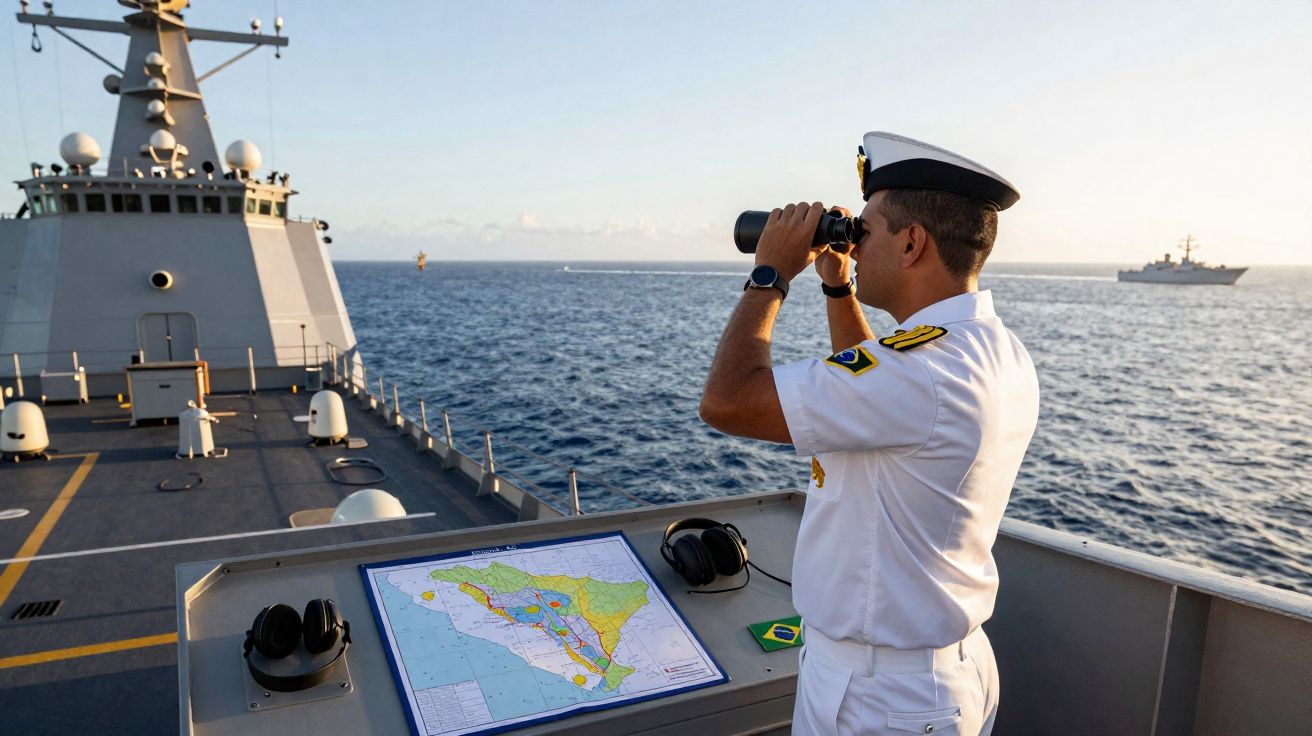 Marinheiro em uniforme branco observa o mar com binóculos a bordo de um navio de guerra com mapa e outro navio ao fundo.