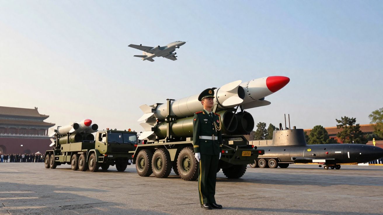 Soldado em desfile militar com mísseis, submarino e avião de combate sobrevoando céu azul.