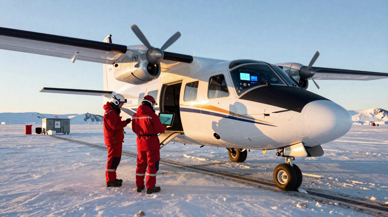 Dois técnicos em fato térmico avermelhado perto de um avião estacionado numa paisagem gelada.