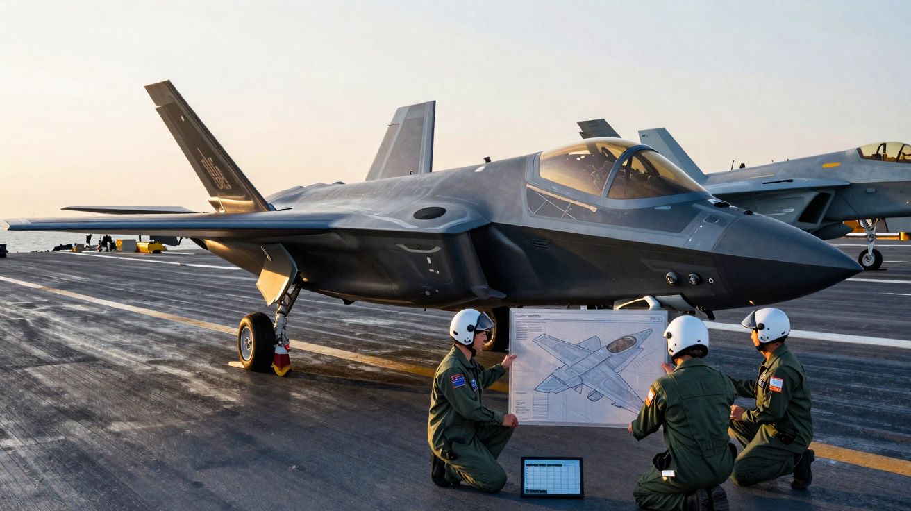 Três militares com capacetes analisam plano de avião junto a caça F-35 num porta-aviões ao pôr do sol.