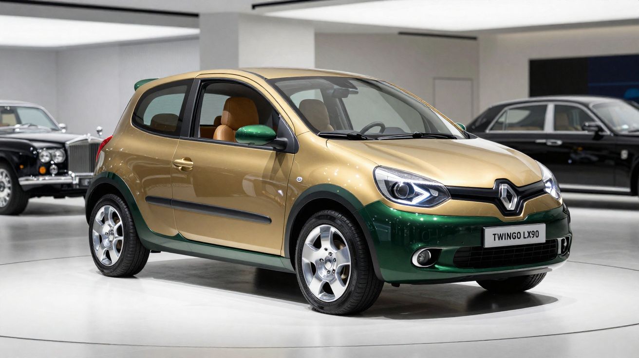 Automóvel Renault Twingo LX90 bicolor dourado e verde exposto em salão moderno.