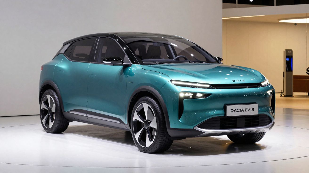 Carro elétrico Dacia EV18 de cor verde com teto preto em exposição, visto de frente e lateral direita.