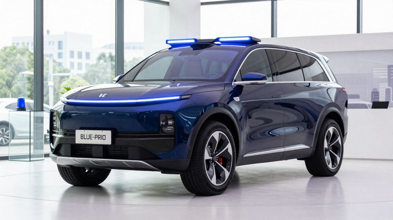 Veículo SUV elétrico azul escuro com luzes azuis no tejadilho exposto em ambiente interior moderno.
