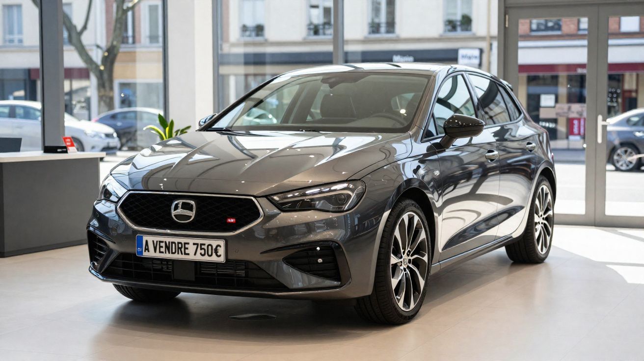 Carro cinza moderno exposto numa sala com vidros grandes e placa de venda em francês.