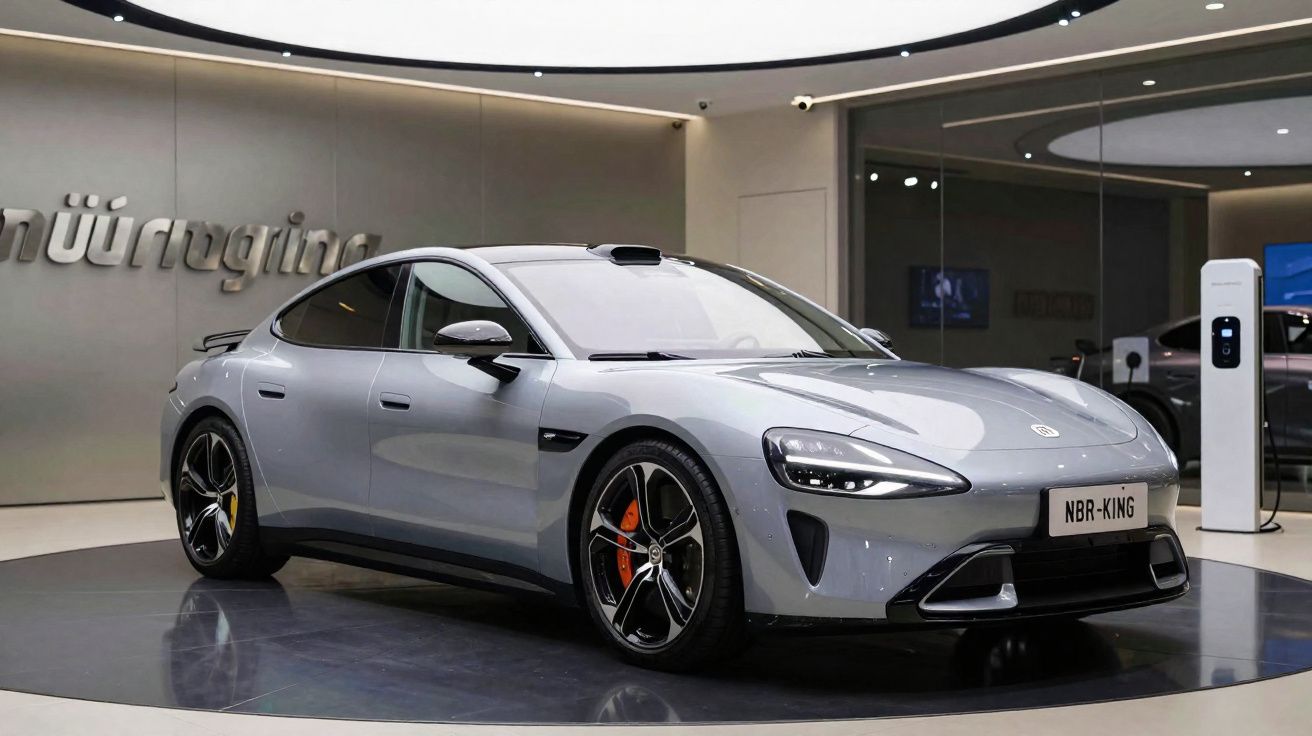 Carro elétrico desportivo cinzento exposado em salão moderno, placa NBR-KING, com travões laranja visíveis.