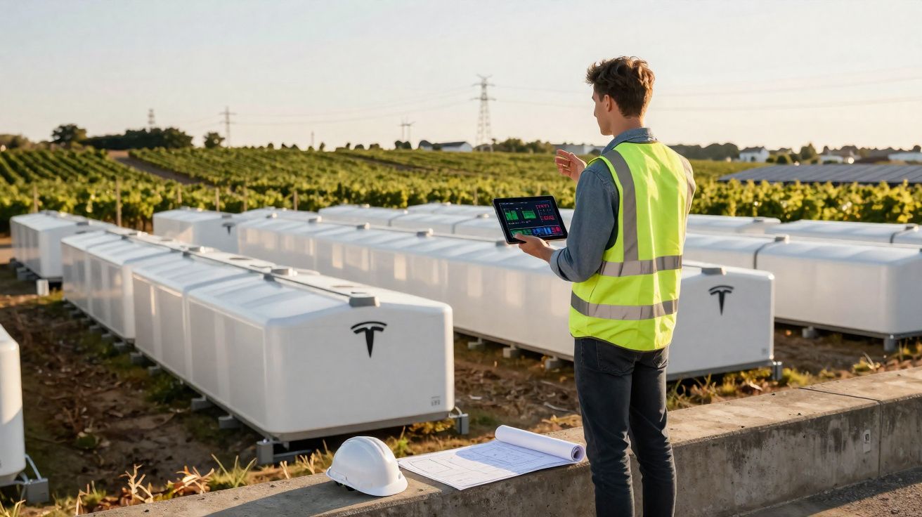 Homem com colete refletor inspeciona bateria Tesla Powerpack num campo ao ar livre com tablet nas mãos.