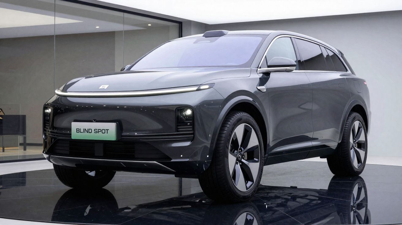 Carro elétrico SUV cinza escuro em exposição, com design moderno e faróis estreitos LED.