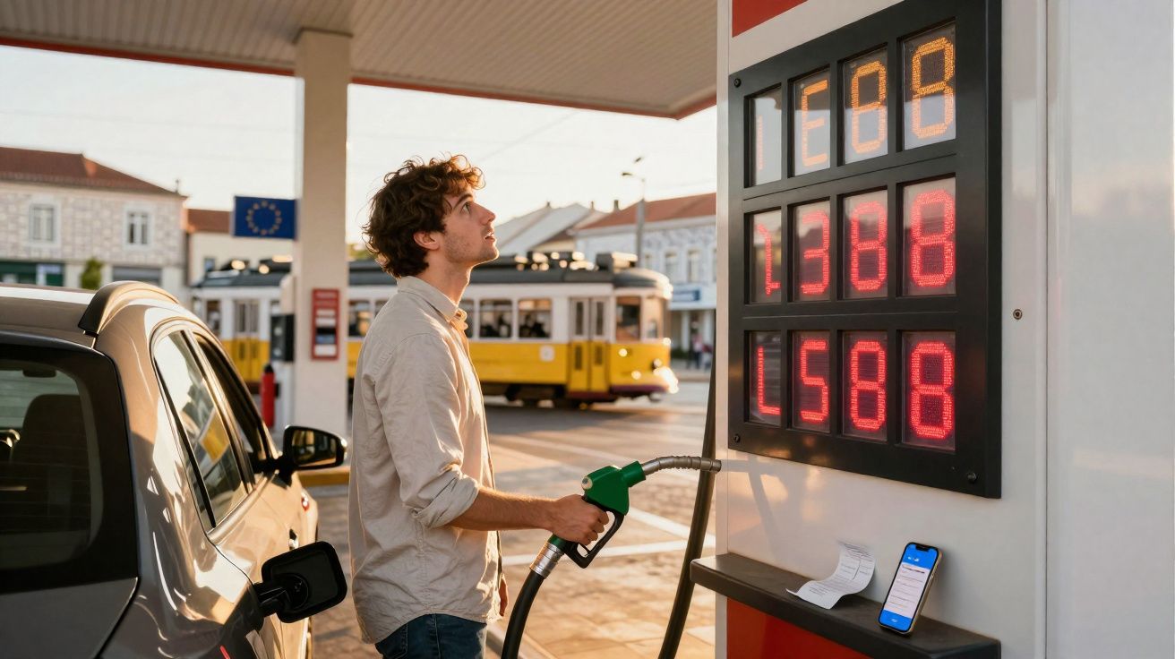 Homem a abastecer carro numa estação de combustível com elétrico amarelo a passar ao fundo.