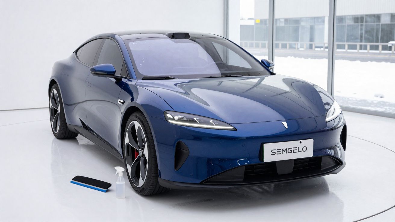 Carro elétrico desportivo azul SEMGELO exposto em ambiente interior minimalista.