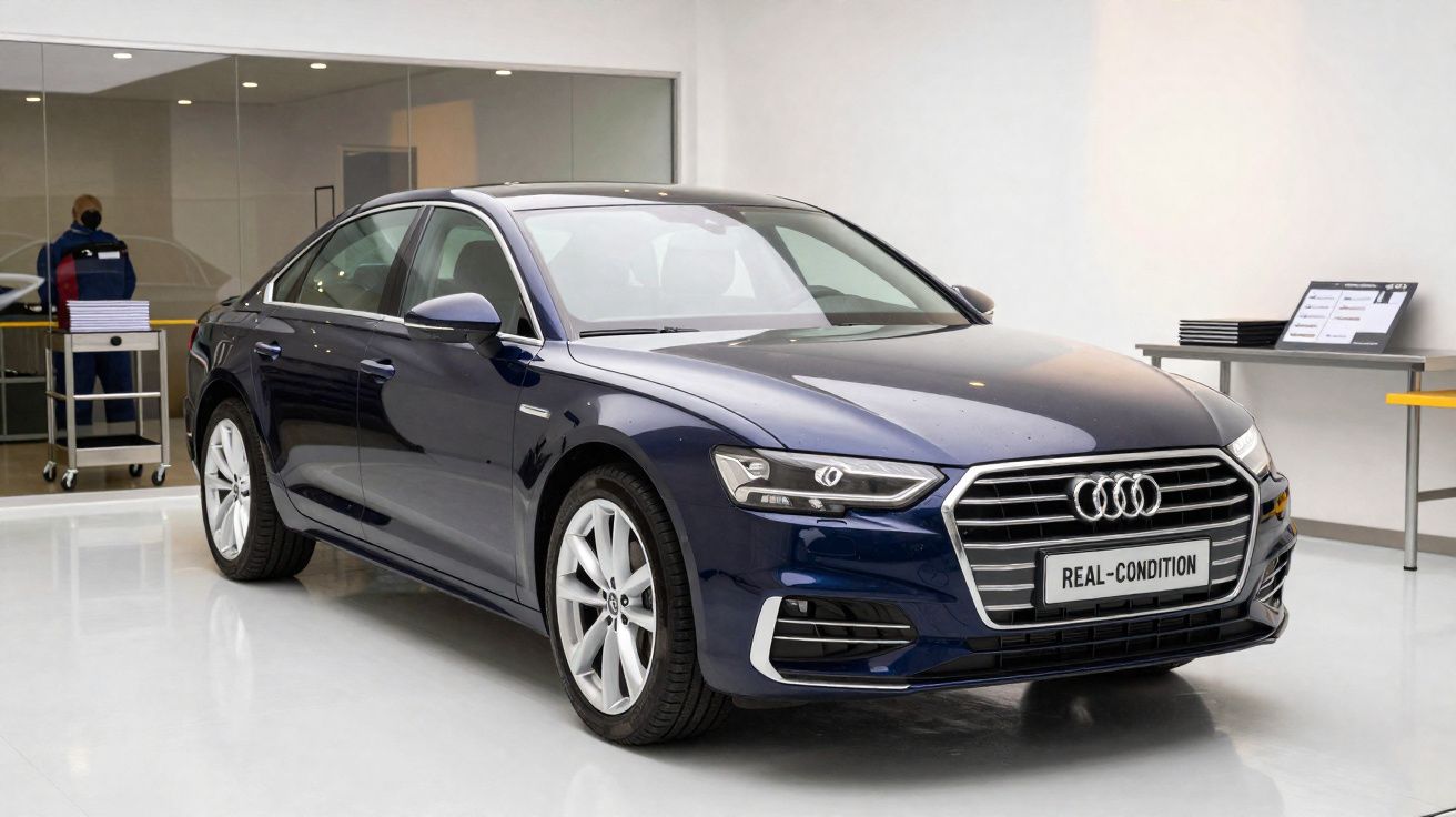 Carro Audi azul escuro estacionado num espaço interior com chão branco e paredes claras.