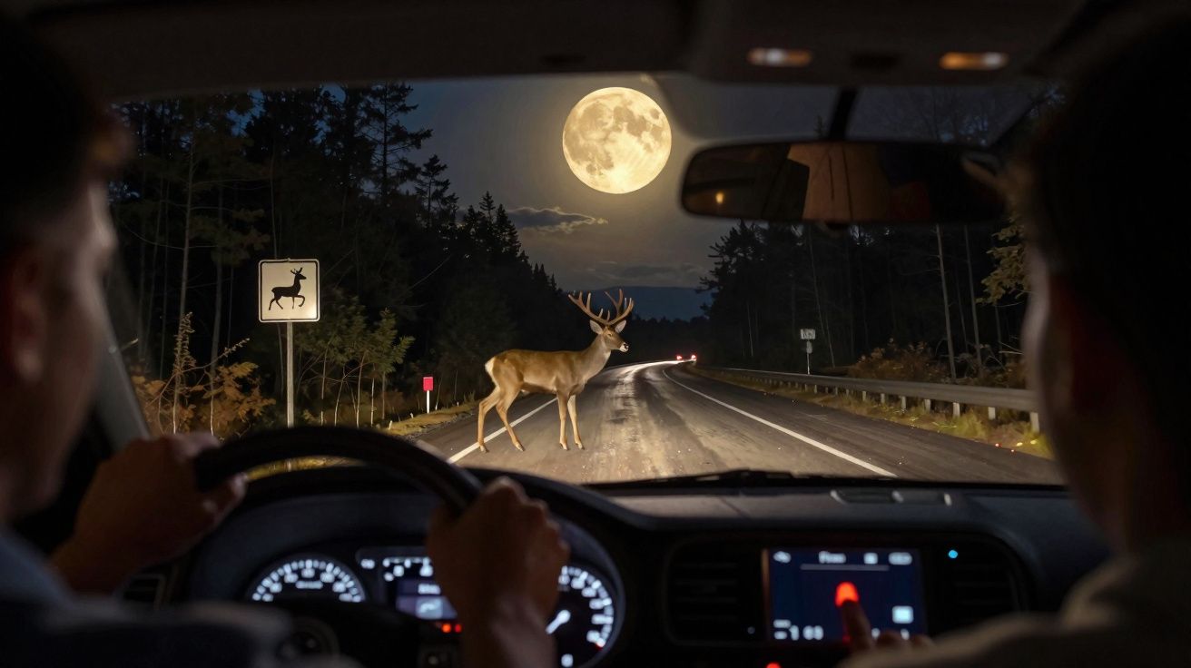 Veado cruzando estrada à noite sob a luz da lua cheia, visto do interior de um carro com dois ocupantes.