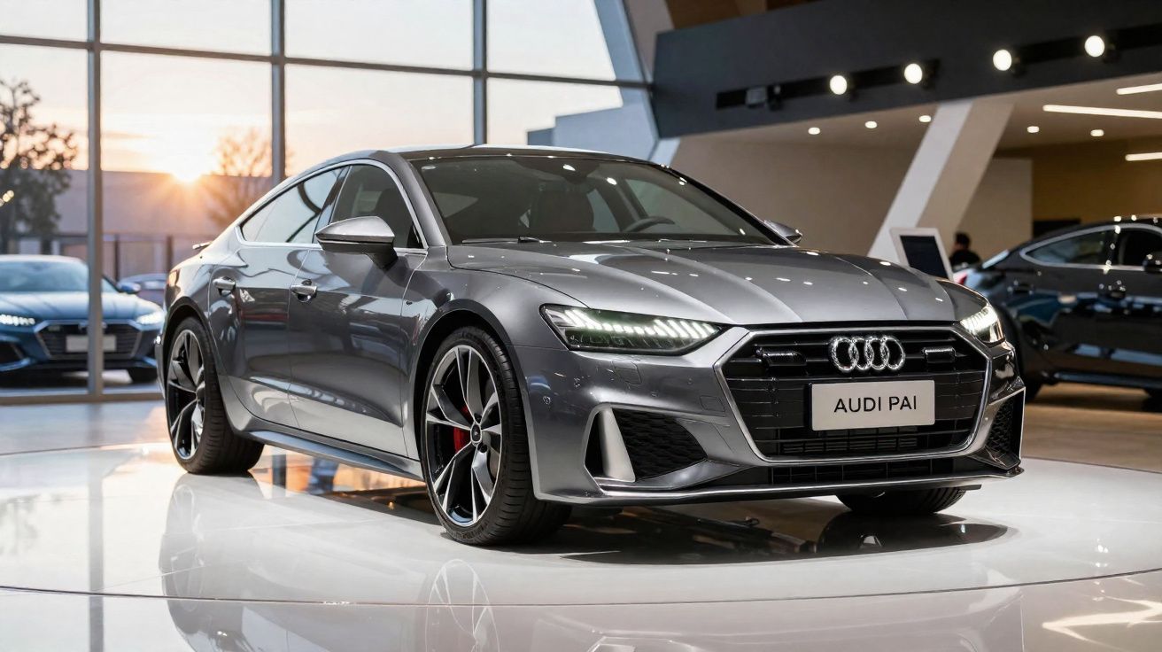 Carro Audi cinzento metálico exposto em showroom moderno com iluminação interior.