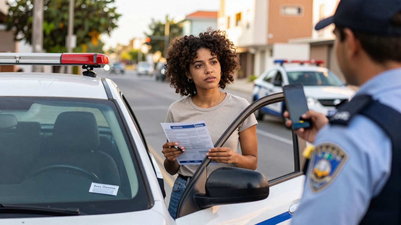 Mulher entrega documentos a polícia após ter sido detida numa rua de bairro residencial.