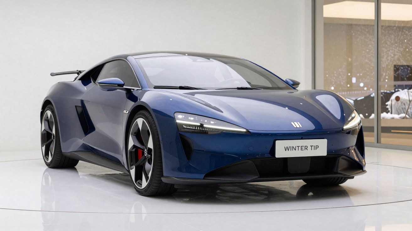 Carro desportivo azul escuro com linhas aerodinâmicas exposto em salão moderno e minimalista.