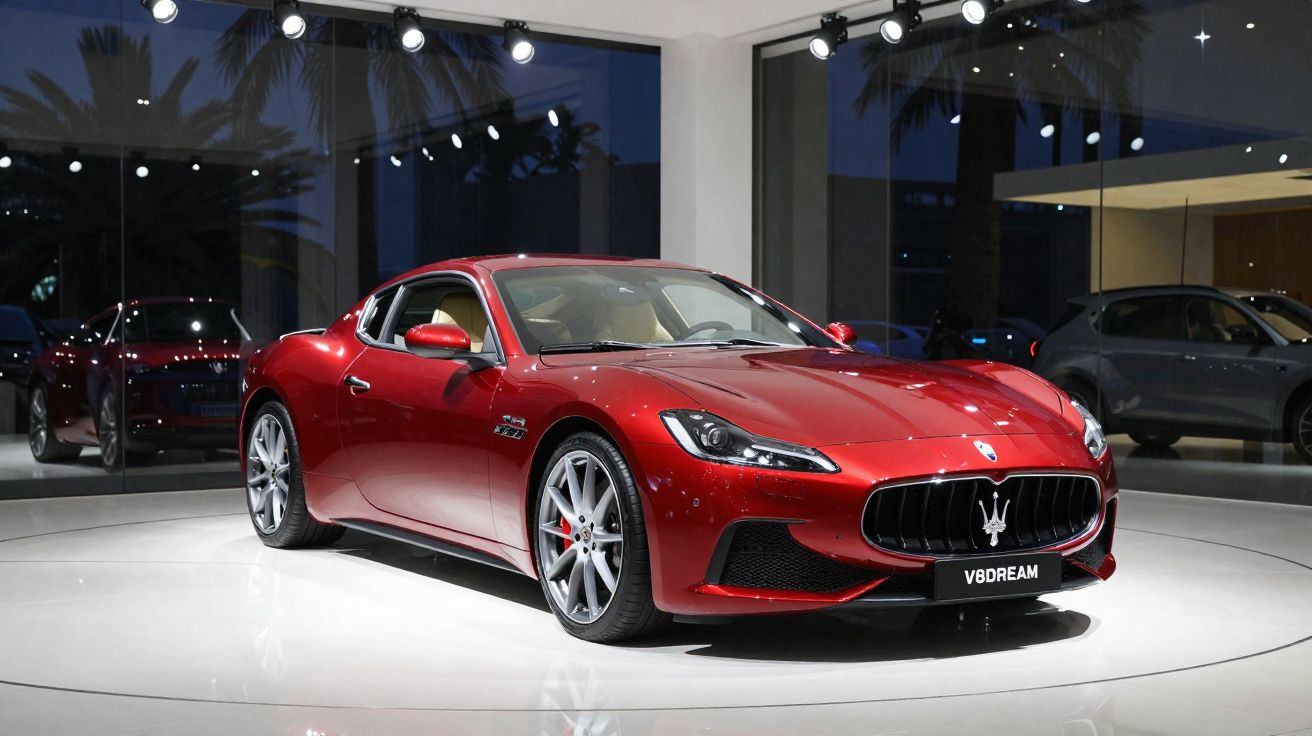 Carro desportivo vermelho Maserati exposto em piso branco dentro de sala com vidros grandes à noite.