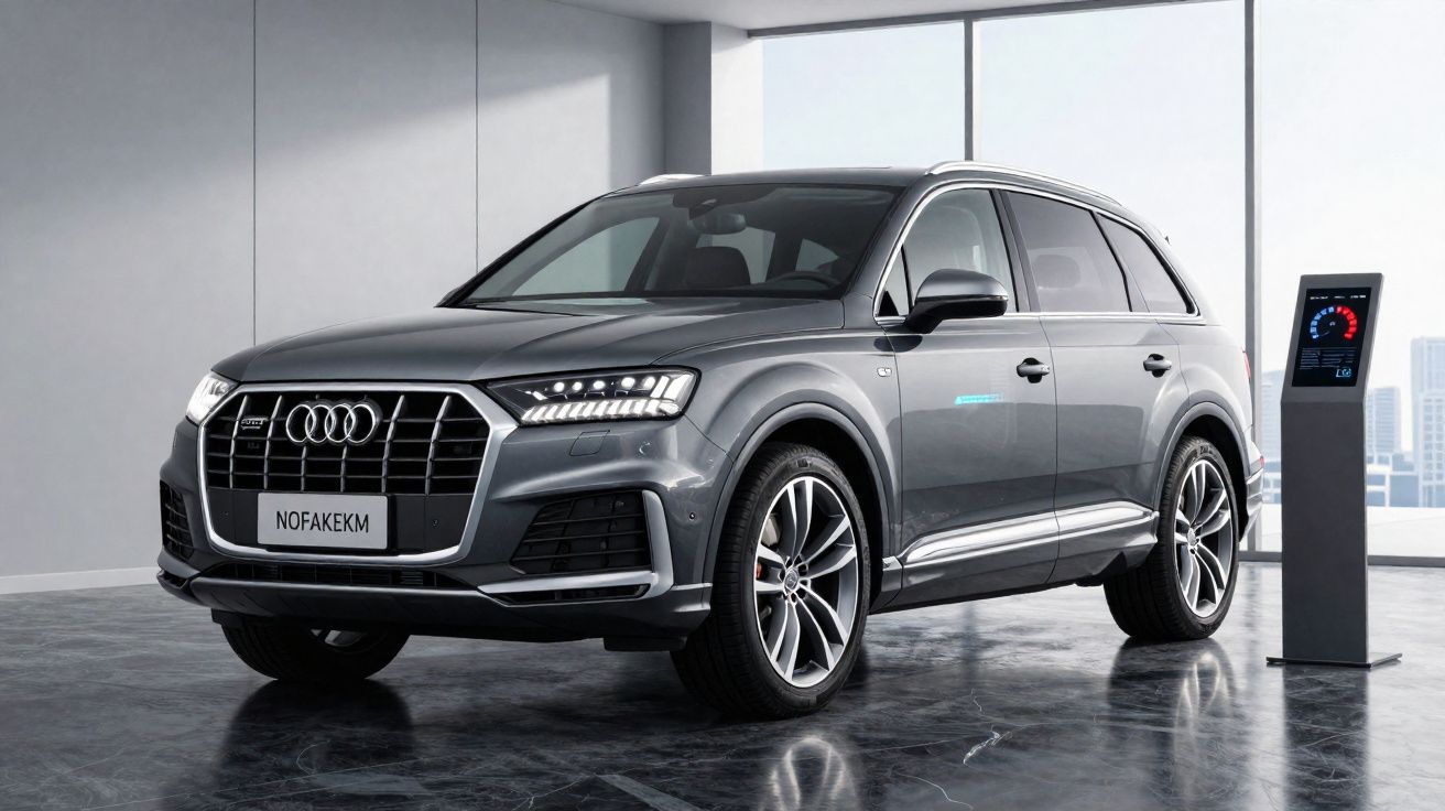 Carro Audi SUV cinzento estacionado em showroom moderno com chão espelhado e parede de vidro.