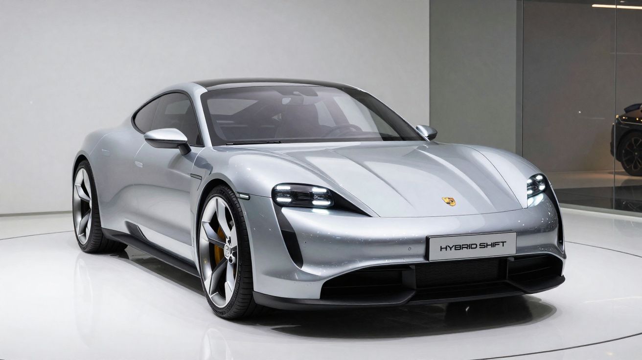 Carro desportivo elétrico cinza prata Porsche Taycan em exposição num salão moderno e luminoso.