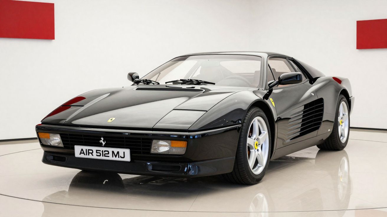Ferrari preta clássica com linhas aerodinâmicas exibida num espaço interior branco com detalhes vermelhos.