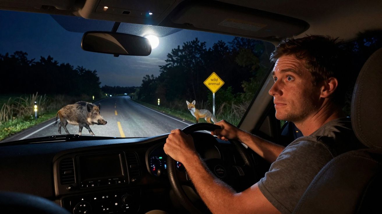 Homem ao volante observa javali e raposa na estrada à noite, com lua cheia e sinal de animais selvagens.