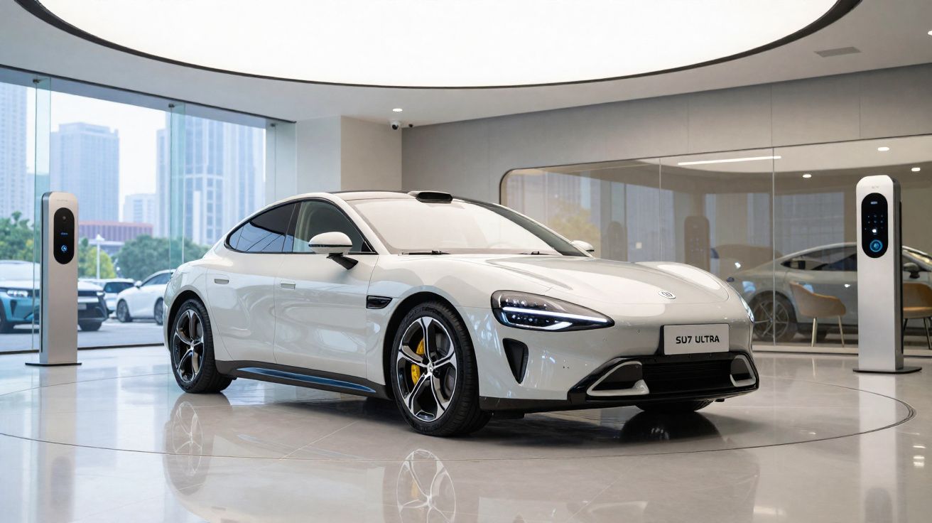 Carro elétrico branco modelo SU7 Ultra num showroom moderno com colunas de carregamento e vista urbana.