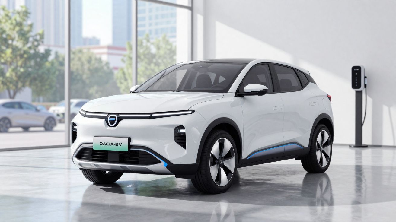 Carro elétrico branco Dacia EV numa garagem moderna junto a uma estação de carregamento.