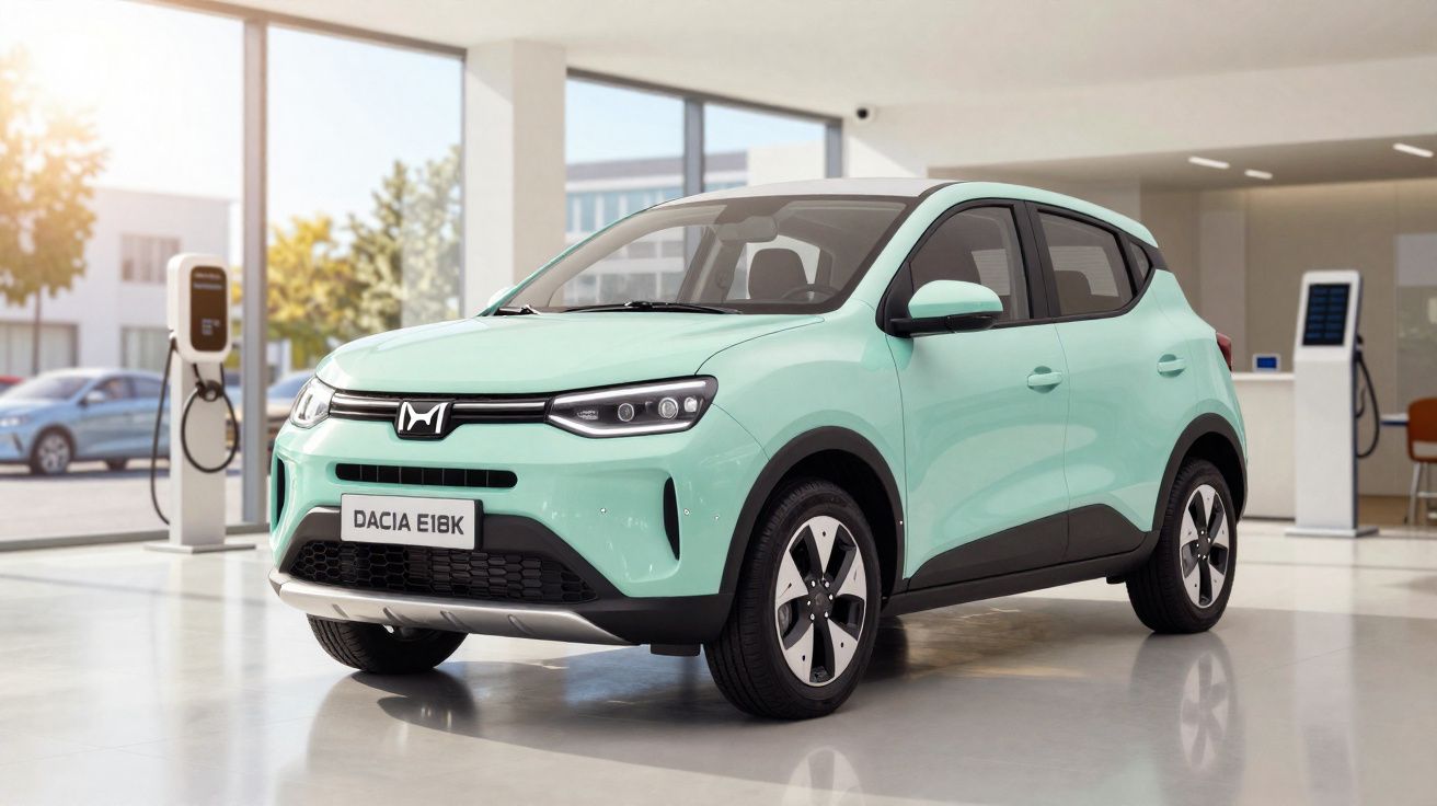 Carro elétrico Dacia E18K verde claro numa sala moderna com estações de carregamento visíveis ao fundo.