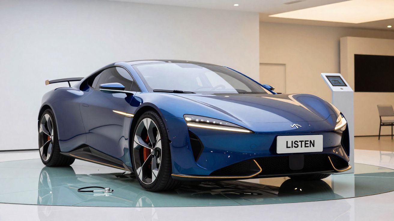 Carro desportivo elétrico azul escuro com design aerodinâmico em exposição numa sala moderna e minimalista.