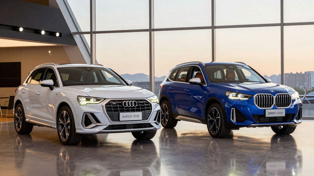 Dois carros SUV estacionados lado a lado, Audi branco e BMW azul em espaço interior amplo com janelas.