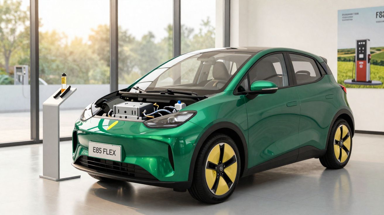 Carro elétrico verde com capot aberto exibindo motor elétrico numa exposição interior moderna.