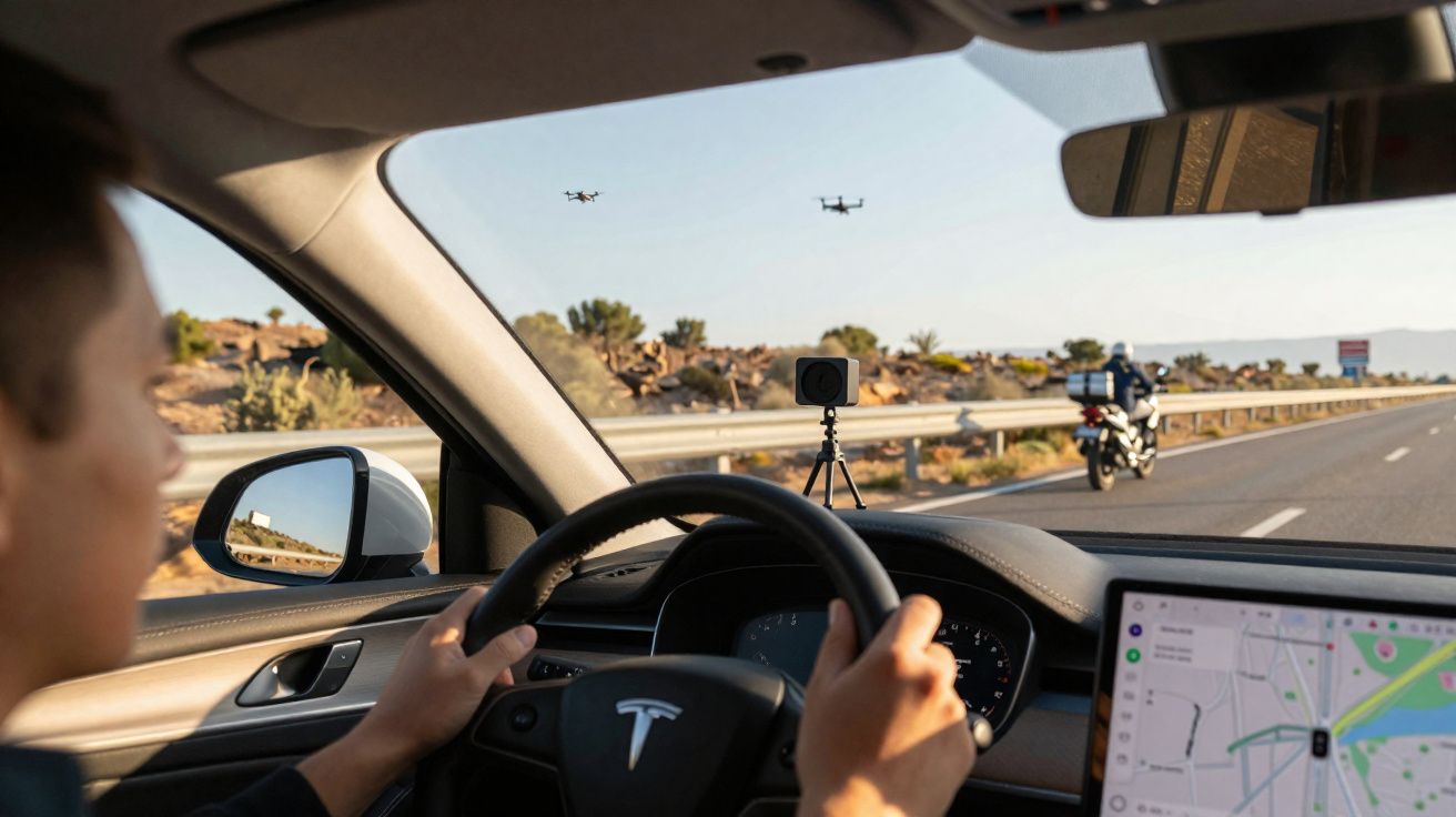 Interior de um carro Tesla com um homem a conduzir, drones no céu e uma mota na estrada deserta ao fundo.