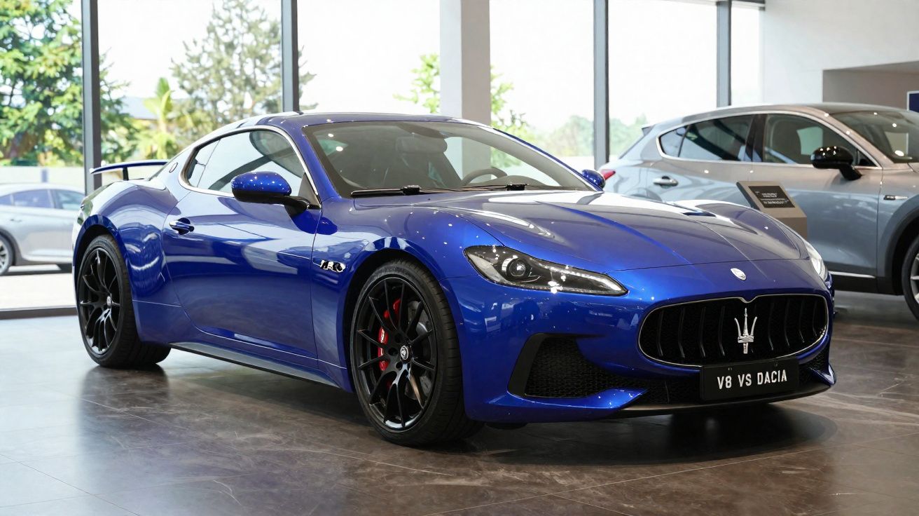 Carro desportivo Maserati azul em exposição numa loja moderna com janelas amplas.