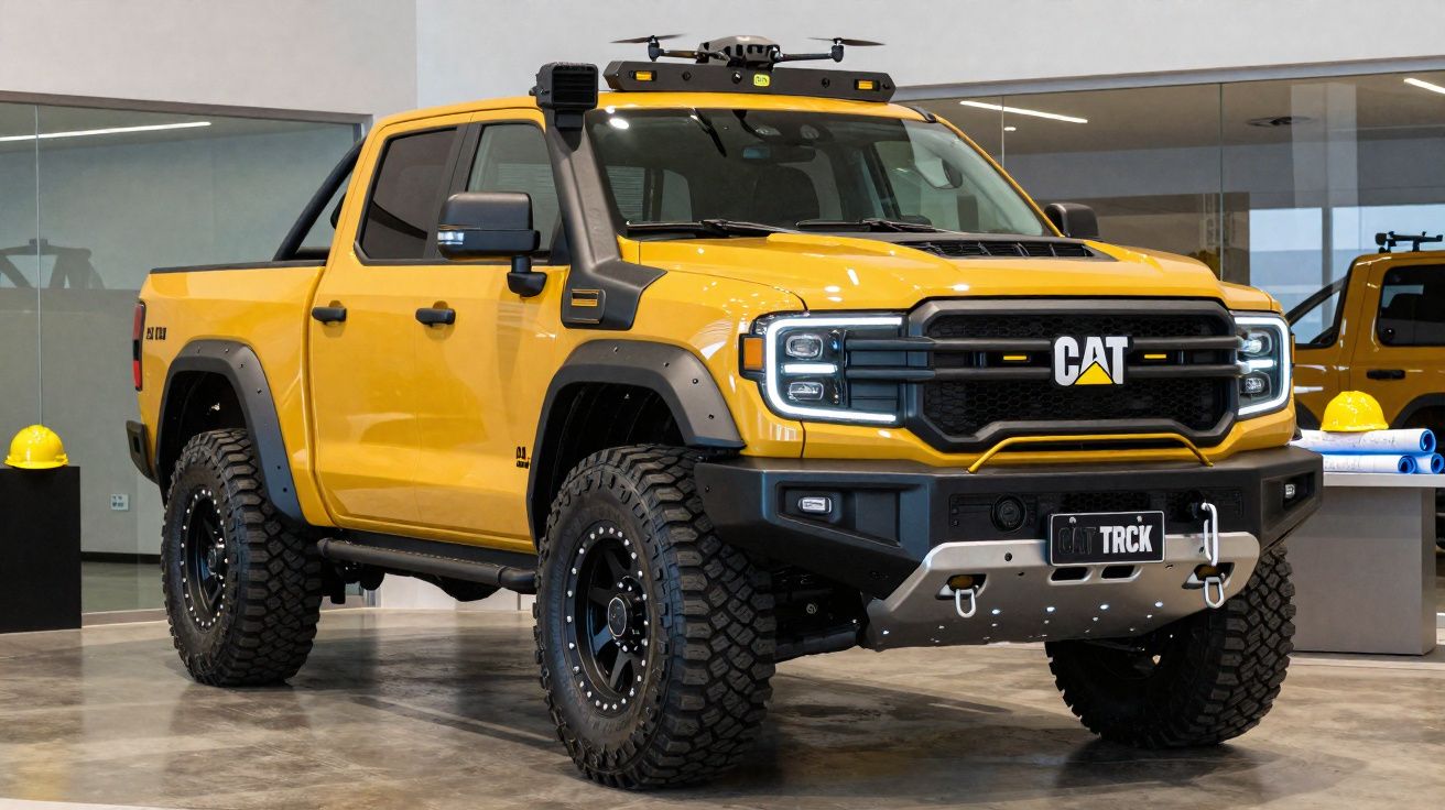Camião pick-up CAT TRCK amarelo com pneus robustos, apresentado numa garagem moderna.