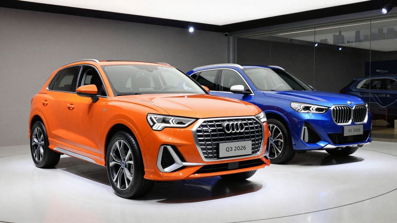 Dois SUV modernos em exposição, um Audi Q3 laranja 2026 e um BMW X1 azul 2025.