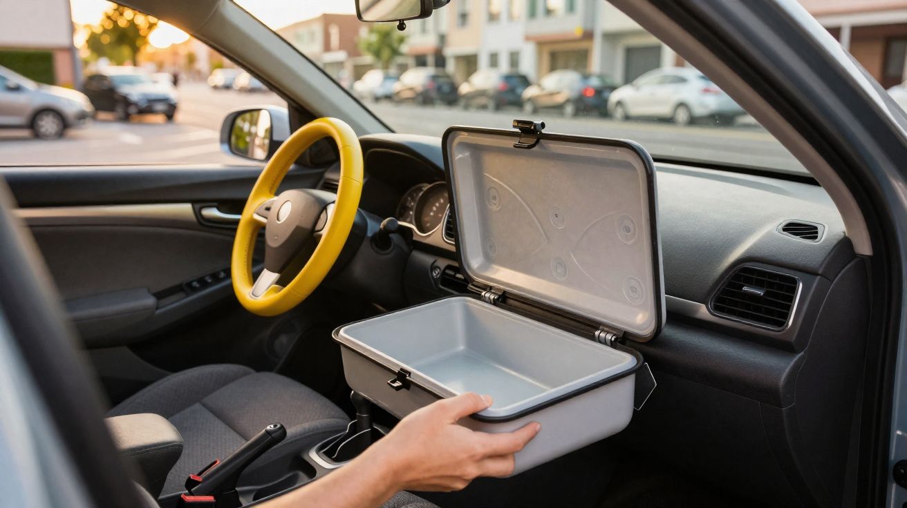Interior de carro com volante amarelo e caixa térmica aberta junto ao banco do passageiro.