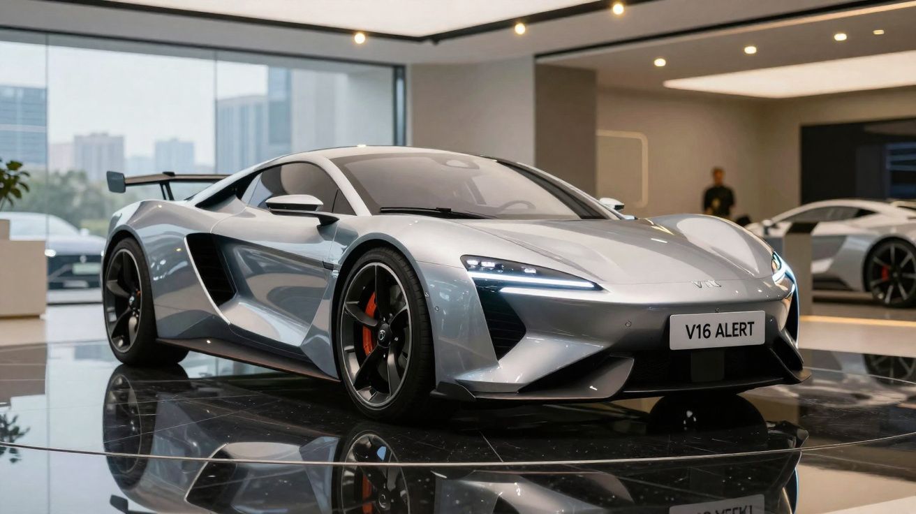 Carro desportivo cinza prateado em exposição numa sala com grandes janelas e reflexos no chão.