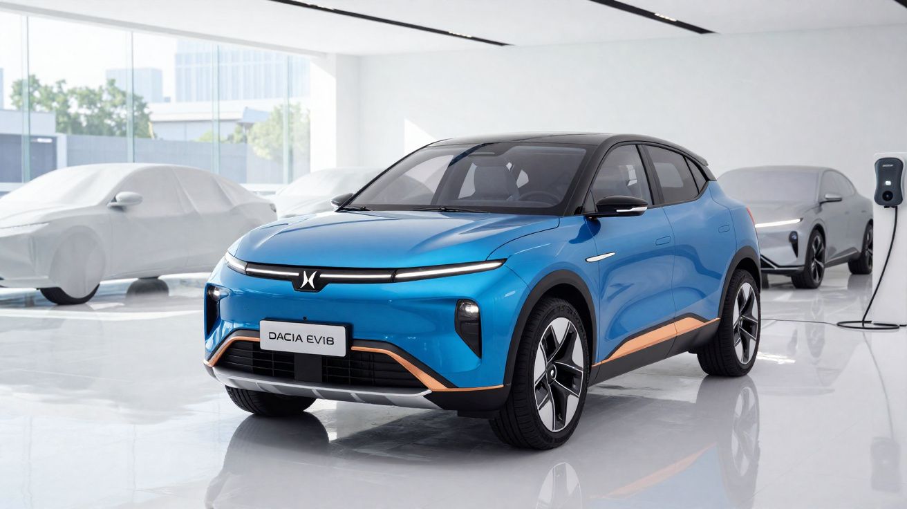 Automóvel eléctrico azul Dacia Evi18 num showroom moderno e luminoso, com carros cobertos ao fundo.