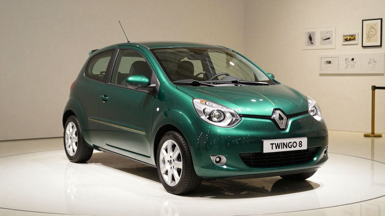Carro verde Renault Twingo 8 exposto num salão com paredes claras e quadros na parede.