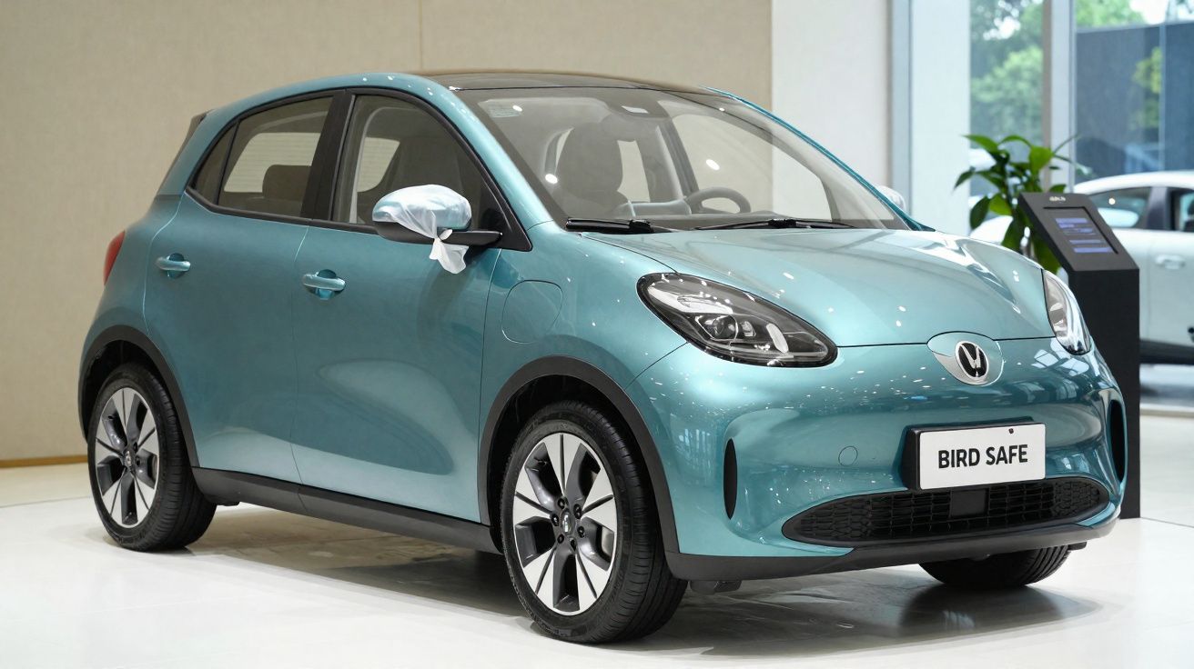 Carro elétrico compacto azul metálico estacionado em espaço interior de exposição.