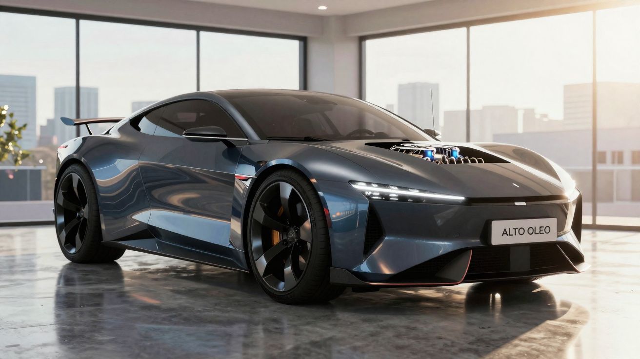 Carro desportivo cinzento metalizado estacionado em garagem moderna com janelas amplas e luz natural.