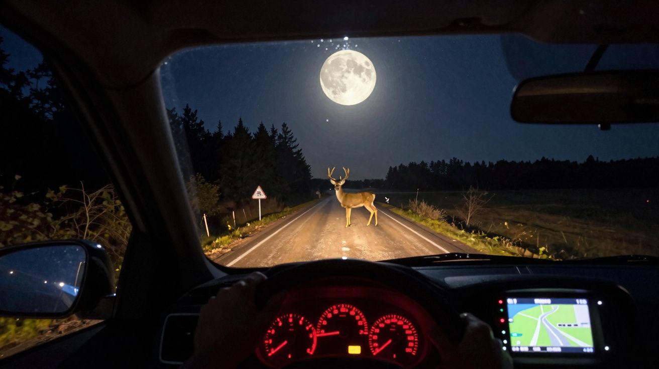Veado parado na estrada à noite com lua cheia, visto de dentro de um carro em movimento.